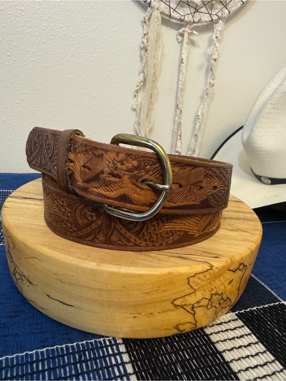 Embossed Eagle Pattern Top Grain Western Leather Belt Silver Buckle Size 40